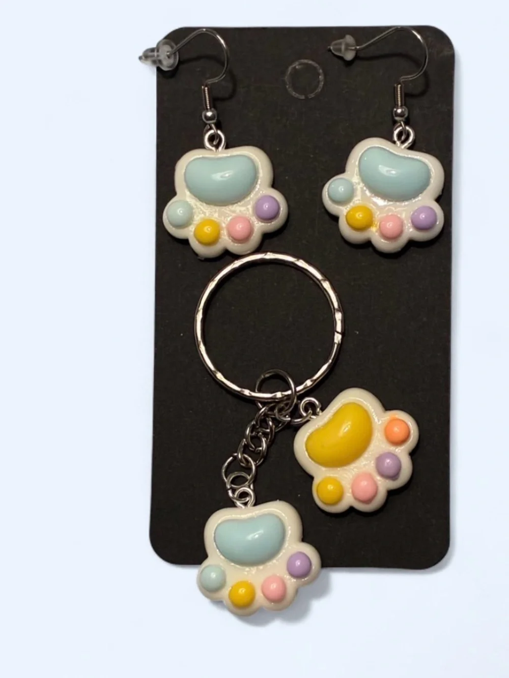 Kids Paw Print Earring & Keychain Set - Pastel Blue, Yellow & Pink